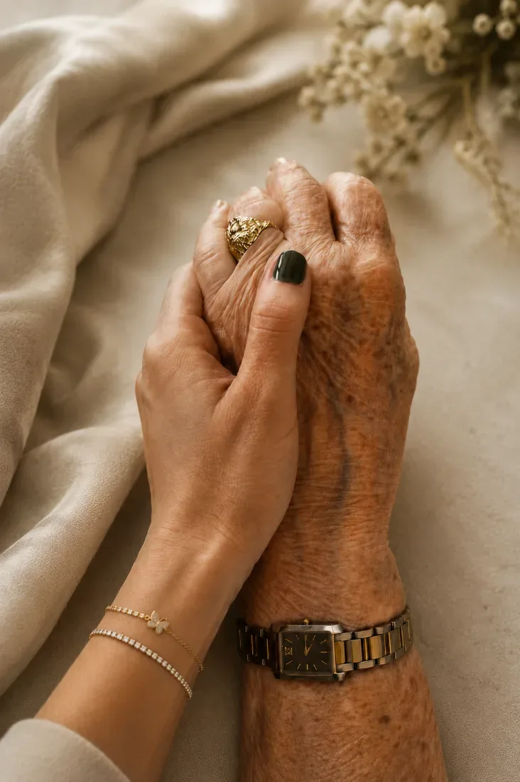 Two hands, one older and one younger, clasped together